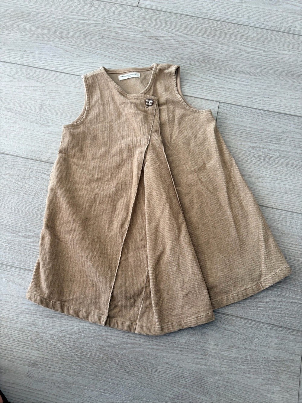 Adorable Girls Tan Corduroy Sleeveless Dress with Decorative Button